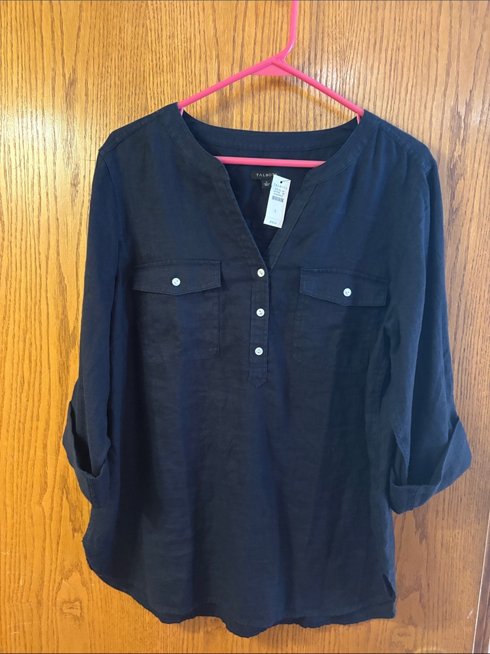 Talbots Navy Henley Button-Front Linen Blouse